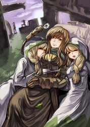  2boys 3girls ajyu_(koya) blonde_hair brown_eyes brown_hair closed_eyes commentary_request final_fantasy final_fantasy_tactics flower girl_sandwich gloves leaf long_hair lying milleuda_folles multiple_boys multiple_girls sandwiched sleeping sword thief_(fft) twintails weapon white_mage_(fft) white_mage_(final_fantasy) 