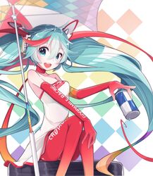  :d aqua_eyes aqua_hair checkered_background chuuko_anpu commentary_request elbow_gloves female gloves goodsmile_company goodsmile_racing hatsune_miku highres long_hair looking_at_viewer md5_mismatch open_mouth orange_gloves orange_pantyhose pantyhose race_queen racing_miku racing_miku_(2016) resolution_mismatch sitting smile solo source_larger twintails umbrella very_long_hair vocaloid 