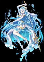  anklet azura_(fire_emblem) barefoot blue_hair bonnou-s-rice commentary_request dress elbow_gloves female fingerless_gloves fire_emblem fire_emblem_fates gloves hair_between_eyes jewelry long_hair polearm solo very_long_hair water weapon yellow_eyes 