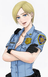  badge bekio belt black_gloves blonde_hair blue_eyes breasts cleavage collarbone commentary_request crossed_arms cybil_bennett female gloves highres lapel_pin large_breasts name_tag open_mouth photoshop_(medium) police police_uniform policewoman short_hair silent_hill_(series) smile solo uniform upper_body walkie-talkie 