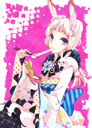  animal_ears bow carrot chopsticks commentary_request eating female food japanese_clothes kimono kuroyuki original rabbit rabbit_ears solo 