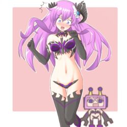  ^^^ atair blue_eyes blush commentary_request dark_persona embarrassed female hair_ornament horns long_hair navel nepgear nepgyaa nepnep_connect:_chaos_chanpuru neptune_(series) open_mouth purple_hair purple_sister purple_sister_(chaos_form) solo 