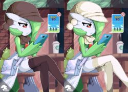  2016 bag beverage cellphone clothed clothing coffee digital_media_(artwork) electronics female gardevoir generation_3_pokemon geoexe group hat headgear headwear legwear nintendo phone pixel_(artwork) pokemon pokemon_(species) pseudo_clothing scarf sitting thigh_highs 