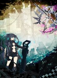  2girls arm_cannon belt bikini bikini_top_only black_footwear black_rock_shooter black_rock_shooter_(character) black_rock_shooter_(game) black_shorts boots chinese_commentary coat commentary_request flaming_eye jianren knee_boots long_hair midriff multiple_girls navel no_shirt scythe shorts stella_(black_rock_shooter) swimsuit sword thighhighs twintails uneven_twintails very_long_hair weapon white_bikini white_footwear white_rock_shooter white_shorts 