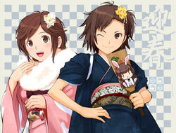  2girls :d amagami flower hagoita hair_flower hair_ornament itou_kanae_(amagami) japanese_clothes kamizaki_risa kimono miffy miffy_(character) multiple_girls obi one_eye_closed open_mouth paddle photoshop_(medium) sakurai_rihoko sash side_ponytail smile takayama_kisai 