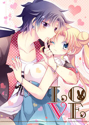  1boy bishoujo_senshi_sailor_moon bishoujo_senshi_sailor_moon_stars black_hair blonde_hair blue_eyes blue_skirt blush bracelet casual collarbone commentary_request cover cover_page doujin_cover earrings english_text female finger_to_mouth heart hug jewelry kokonoe_miya long_hair nail_polish photoshop_(medium) polka_dot polka_dot_background purple_eyes seiya_kou skirt stud_earrings tsukino_usagi wince 