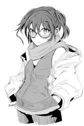  alternate_costume commentary_request cowboy_shot female glasses greyscale hair_between_eyes hands_in_pockets highres isetta jacket kantai_collection medium_hair monochrome scarf sendai_(kancolle) simple_background sleeveless sleeveless_jacket solo twitter_username two_side_up white_background zipper 