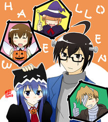  2boys 3girls acchi_kocchi blue_hair commentary_request halloween halloween_costume haruno_hime inui_sakaki k-hayano katase_mayoi long_hair miniwa_tsumiki multiple_boys multiple_girls otonashi_io very_long_hair 