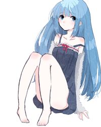  arm_warmers black_dress blue_eyes blue_hair commentary dress female full_body knees_up long_hair looking_at_viewer original sitting solo tomoshibi_(rokugatsu) 