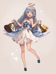  :d angel bad_id bad_pixiv_id bare_legs beige_background bell bellringer_angel blue_hair blue_wings blush criss-cross_halter dress feathered_wings female full_body hair_ornament hairclip halo halterneck long_hair looking_at_viewer open_mouth riku_(wana) shadowverse sidelocks simple_background smile solo white_dress wings 