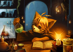  antenna_hair anthro beaker bone book bowl candle canid canine container disembodied_head eyeball fetus fire fox fur green_eyes hair jar kiske_7key laboratory_equipment laboratory_glassware lamp lantern magic male mammal orange_body orange_fur potion red_hair scientific_instrument shrunken_head skull solo young young_anthro young_male 