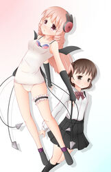  2girls bad_id bad_pixiv_id bare_shoulders bat_wings black_gloves black_legwear blush bow bowtie breasts brown_eyes brown_hair bunny_headphones collarbone drill_hair dual_persona eyebrows fingerless_gloves frills gloves goggles goggles_around_neck gradient_background headphones highres long_hair long_sleeves looking_at_viewer mahou_shoujo_ikusei_keikaku multiple_girls one-piece_swimsuit parted_lips pink_eyes pink_hair pleated_skirt riito_(shannon95) sakanagi_ayana school_swimsuit school_uniform shirt short_hair simple_background skirt striped_bow striped_bowtie striped_clothes suspender_skirt suspenders swim_swim swimsuit thigh_strap two_side_up white_one-piece_swimsuit white_shirt wings 