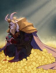  1boy armor asgore_dreemurr beard blonde_hair blood blood_on_clothes blood_on_face blood_stain cape crown cup facial_hair field flower flower_bed flower_field frown furry furry_male highres horns kayla_marquez light_rays male_focus shoulder_pads signature solo spilling squatting standing sunlight tea teacup undertale 