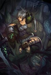  alternate_costume armor asymmetrical_clothes bandages belt blood blood_on_clothes breasts corset female folded_ponytail gauntlets grey_hair huge_weapon large_breasts league_of_legends leg_warmers lips monster neo-tk.. nose pauldrons riven_(league_of_legends) sandals sarashi short_hair shoulder_armor solo spikes sword weapon 