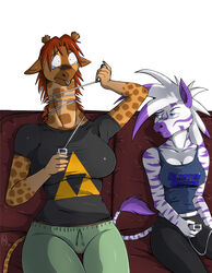  2009 anthro asphyxiation big_breasts blaster_master blue_eyes bodily_fluids breast_size_difference breasts choking cleavage clothed clothing conditional_dnp controller diamond_(kadath) digital_media_(artwork) doing_it_wrong duo equid equine female fur furniture game_controller giraffe giraffid hair holding_controller holding_game_controller holding_object horn kadath mammal nintendo nintendo_controller ossicone print_clothing print_shirt print_topwear puzzle_(kadath) red_hair shirt sofa strangling striped_body striped_fur stripes t-shirt tail tank_top tears the_legend_of_zelda topwear triforce triforce_clothing triforce_print triforce_shirt triforce_topwear wii wii_nunchuk wii_remote zebra 