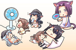  6+girls :3 akatsuki_(kancolle) animal_ears bad_id bad_pixiv_id black_hair blue_hair bow bow_panties brown_hair cat_ears cat_tail chibi closed_eyes drooling eating electric_fan fish folded_ponytail food half_updo hat hibiki_(kancolle) hot ikazuchi_(kancolle) inazuma_(kancolle) kantai_collection kemonomimi_mode long_hair machinicalis multiple_girls oerba_yun_fang open_mouth panties pink_panties popsicle purple_eyes purple_hair saliva sleeping sweat sweatdrop tail tatsuta_(kancolle) tenryuu_(kancolle) thighhighs topless triangle_mouth underwear white_panties yellow_panties 