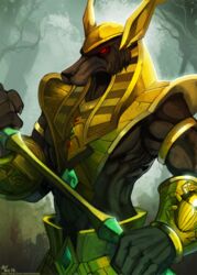  1boy black_skin colored_skin egyptian furry furry_male gem helmet league_of_legends male_focus muscular nasus neo-tk.. no_pupils polearm red_eyes snout weapon 