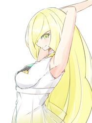  armpits back bad_id bad_twitter_id bare_arms bare_shoulders blonde_hair breasts closed_mouth collarbone dress empty_eyes female gem green_eyes green_gemstone hair_over_one_eye highres long_bangs long_hair lusamine_(pokemon) medium_breasts pokemon pokemon_sm profile simple_background smile solo tsunakanten upper_body very_long_hair white_background white_dress 