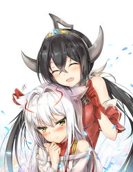  2girls ^_^ ^o^ animal_ears bad_id bad_pixiv_id bare_shoulders behind_another black_hair blush cat_ears check_commentary closed_eyes closed_mouth commentary_request detached_sleeves embarrassed furrowed_brow genderswap_(mtf) gloves grey_shirt hair_between_eyes hair_intakes hair_ribbon hand_up headgear highres horns humanization long_hair long_sleeves looking_at_viewer low_twintails multicolored_hair multiple_girls off-shoulder_shirt off_shoulder petals photoshop_(medium) playing_with_another&#039;s_ears red_gloves red_shirt ribbon rule_63 shirt sidelocks sleeveless sleeveless_shirt streaked_hair taro_(ultrataro) tsurime turtleneck twintails ultra_series ultraman_mebius ultraman_mebius_(series) ultraman_tarou ultraman_tarou_(series) upper_body white_background white_hair white_ribbon yellow_eyes 