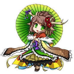  :d animal_ears antlers brown_hair commentary_request dress female flower frills green_eyes hair_flower hair_ornament hooves horns kano_(p&amp;d) nuana open_mouth painttool_sai_(medium) parasol puzzle_&amp;_dragons smile solo umbrella 