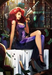  alternate_costume alternate_hairstyle bare_shoulders breasts china_dress chinese_clothes cleavage crossed_legs dress evening_gown female gun handgun high_heels large_breasts league_of_legends lipstick long_hair makeup miss_fortune_(league_of_legends) money neo-tk.. nose on_table red_hair secret_agent_miss_fortune side_slit sitting solo table wavy_hair weapon 