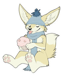  avoid_posting canid canine closed_eyes clothing cupcake fennec_fox food fox hat headgear headwear hindpaw keihound mammal paws scarf solo tongue toque true_fox 