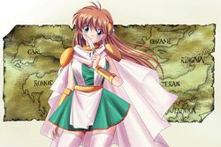  blue_eyes brown_hair cape commentary_request dragon_quest dragon_quest_dai_no_daibouken female long_hair map princess_leona usausa vambraces 