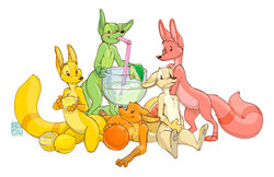  anthro citra food fruit fur glass grapefruit green_body green_fur group lemon lime male mammal orange_(fruit) orange_body orange_fur pink_body pink_fur plant straw_(disambiguation) yellow_body yellow_fur zaush 