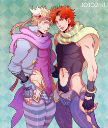  2boys abs abs_cutout bad_id bad_pixiv_id blonde_hair blue_eyes brown_hair caesar_anthonio_zeppeli clothing_cutout denim facial_mark feather_hair_ornament feathers fingerless_gloves gloves green_eyes green_scarf groin hair_ornament headband highleg highleg_leotard jacket jeans jojo_no_kimyou_na_bouken joseph_joestar joseph_joestar_(young) leotard multicolored_clothes multicolored_scarf multiple_boys navel official_alternate_costume pants photoshop_(medium) pink_scarf red_hair scarf side_cutout striped_clothes striped_pants striped_scarf triangle_print zbrk 