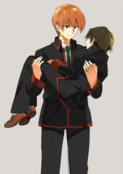  2boys bad_id bad_pixiv_id brown_hair carrying closed_eyes grey_background little_busters! little_busters!_school_uniform looking_at_another male_focus multiple_boys naoe_riki natsume_kyousuke necktie princess_carry red_eyes red_hair school_uniform sennen_suisei simple_background sleeping smile yaoi 