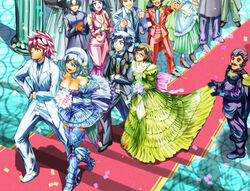  4girls 6+boys aila_jyrkiainen beret blue_eyes blue_hair bouquet brown_eyes brown_hair commentary_request dress elbow_gloves flower formal glasses gloves green_eyes grey_hair gundam gundam_build_fighters hairband hat iori_rinko iori_sei iori_takeshi kousaka_china kousaka_yuuma long_hair multiple_boys multiple_girls photoshop_(medium) purple_eyes ral-san red-framed_eyewear reglay reiji_(gundam_bf) short_hair smile suit wedding wedding_dress yasaka_mao 