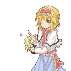  alice_margatroid blonde_hair blue_eyes blush capelet character_doll commentary_request doll female flick hairband kirisame_marisa natsuk one_eye_closed short_hair solo touhou 