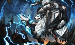  armor bear blue_eyes electricity fangs forehead_protector gauntlets glowing glowing_eyes highres league_of_legends muscular neo-tk.. no_humans no_pupils pauldrons plate_armor polar_bear shoulder_armor solo teeth volibear 