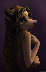  anthro brown_hair canid canine coonkun female fur green_eyes hair half-length_portrait leaf long_hair looking_at_viewer looking_back mammal portrait solo vivian_(coonkun) young young_anthro young_female 