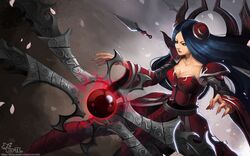  armor armored_dress blue_eyes breasts cleavage female floating floating_object hairpods irelia kunai large_breasts league_of_legends long_hair neo-tk.. orb parted_bangs pauldrons petals shoulder_armor solo weapon wide_sleeves 