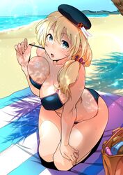  aqua_eyes atago_(kancolle) bag beach bikini blonde_hair blush breast_press breasts commentary_request day female hat kantai_collection large_breasts long_hair md5_mismatch ocean ojo_(dfreak) open_mouth resolution_mismatch seiza sitting solo source_larger swimsuit 