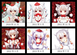  2001 2010 2012 2013 2014 alternate_hairstyle animal_ears artist_progress autumn_leaves banned_artist bare_shoulders blush breasts detached_sleeves evolution finger_to_mouth hair_ornament hat head_tilt inubashiri_momiji leaf leaf_background long_hair looking_at_viewer medium_breasts multiple_views oerba_yun_fang oohirakeisuke open_mouth pom_pom_(clothes) red_eyes red_scarf scarf short_hair shushing silver_hair simple_background small_breasts tail tears tokin_hat touhou upper_body white_background wolf_ears wolf_tail x_hair_ornament 