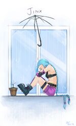  ammunition_belt asymmetrical_gloves bare_shoulders bikini bikini_top_only black_bikini blue_hair bonsai boots braid broken_umbrella bullet combat_boots crossed_arms female fingerless_gloves flat_chest gloves hugging_own_legs jinx_(league_of_legends) league_of_legends long_hair mismatched_gloves neo-tk.. rain sad shorts single_thighhigh sitting solo swimsuit thighhighs twin_braids very_long_hair window windowsill 