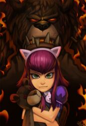  animal_ears annie_(league_of_legends) backpack bag bear cat_ears fake_animal_ears female green_eyes league_of_legends looking_at_viewer neo-tk.. nose oerba_yun_fang puffy_short_sleeves puffy_sleeves red_hair short_hair short_sleeves solo stuffed_animal stuffed_toy teddy_bear tibbers 