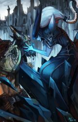  1boy armor armored_dress beard black_lips blood blue_skin braid character_request colored_skin covered_eyes facial_hair female helmet helmet_over_eyes injury league_of_legends lipstick lissandra_(league_of_legends) long_hair makeup muscular neo-tk.. single_braid very_long_hair white_hair 