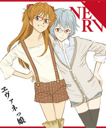  2girls ayanami_rei bespectacled blue_eyes blue_hair commentary_request ebba fashion glasses hair_ornament looking_at_viewer multiple_girls neon_genesis_evangelion orange_hair photoshop_(medium) red_eyes smile souryuu_asuka_langley suspenders thighhighs 