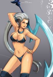  aqua_nails bikini blue_eyes breasts cleavage diana_(league_of_legends) earrings facial_mark female forehead_mark grey_hair hand_on_own_hip huge_weapon jewelry large_breasts league_of_legends lips long_hair nail_polish navel necklace neo-tk.. nose over-kneehighs scar sideboob solo swimsuit thighhighs very_long_hair weapon 