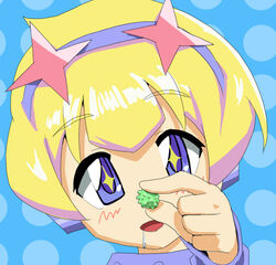  blonde_hair blue_eyes blush candy commentary_request concrete_revolutio drooling earth-chan_(concrete_revolutio) female food saliva shinonome_takeru solo star-shaped_pupils star_(symbol) symbol-shaped_pupils 