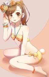  bad_id bad_pixiv_id bandeau bikini brown_eyes brown_hair female flower futami_mami hair_ornament halterneck idolmaster idolmaster_(classic) long_hair red_flower red_rose rose side_ponytail sitting smile solo swimsuit wariza watanabe_yuuki yellow_bikini 