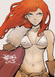  armor bikini_armor breasts cape commentary_request female fur green_eyes jinbei long_hair medium_breasts navel red_hair red_sonja red_sonja_(comics) smile solo 