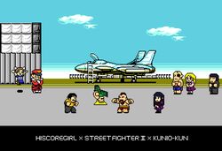  3girls 6+boys 8-bit aircraft airplane armor bald beard black_hair blonde_hair camouflage canards canopy_(aircraft) china_dress chinese_clothes chun-li cloud commentary_request crossover downtown_nekketsu_monogatari dress duel facial_hair fake_screenshot famicom fighter_jet flying_kick game_console gameplay_mechanics guile hat helmet hidaka_koharu high_score_girl hime_cut jet jumping kicking kunio-kun_series ladder m._bison martial_arts military military_uniform military_vehicle mohawk multiple_boys multiple_girls nintendo oono_akira open_cockpit pantyhose parody pilot pilot_suit pixel_art retro_artstyle sagat shorts street_fighter street_fighter_ii_(series) tora_(kiryu-3) uniform vehicle_focus video_game yaguchi_haruo zangief 