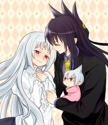  2boys baby black_hair carrying child_carry commentary_request couple family father_and_son female formal herorororon husband_and_wife imminent_kiss iron_maiden_jeanne long_hair mother_and_son multiple_boys red_eyes shaman_king silver_hair straight suit tao_men tao_ren 