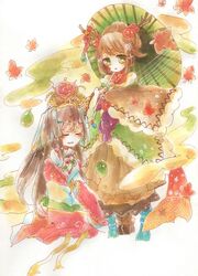  2girls :o animal_ears antler_ornament antlers blush brown_hair circlet closed_eyes coat commentary_request deer_ears facial_mark flower fur_trim green_eyes hair_flower hair_ornament hair_up headdress holding holding_umbrella hooves horns japanese_clothes jewelry kano_(p&amp;d) kimono kushinada_(p&amp;d) leaf long_hair long_sleeves magatama maple_leaf mian multiple_girls necklace no_nose oil-paper_umbrella open_mouth painting_(medium) puzzle_&amp;_dragons red_ribbon ribbon sitting sleeves_past_wrists smile traditional_media umbrella watercolor_(medium) wheat 