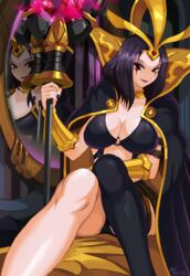  black_hair black_thighhighs breasts choker cleavage crossed_legs eyeshadow female forehead_jewel high_collar large_breasts league_of_legends leblanc_(league_of_legends) makeup mirror neo-tk.. popped_collar red_eyes short_hair single_thighhigh sitting smile solo staff thighhighs tiara vambraces 