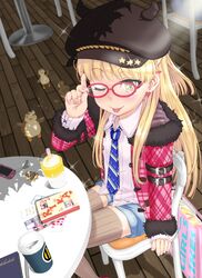  ;p bespectacled bird blush brown_thighhighs cabbie_hat cellphone commentary_request cup disposable_coffee_cup disposable_cup duck earrings female from_above fur_trim glasses hat idolmaster idolmaster_cinderella_girls jewelry jougasaki_rika long_hair looking_at_viewer nail_polish necktie one_eye_closed phone pink-framed_eyewear shorts sitting solo striped_clothes striped_thighhighs suzuya_wataru thighhighs tongue tongue_out vertical-striped_clothes vertical-striped_thighhighs 